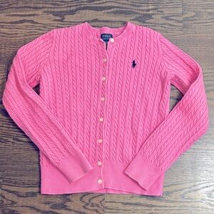 Polo Ralph Lauren Pink Cotton Cable Crew Button Long Sleeve Cardigan L 12-14